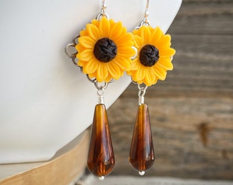 Sunflower Drop Earrings, Vintage Lucite, Sterling Silver, Autumn Jewelry