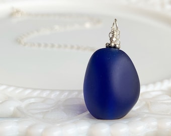 Cobalt Blue Sea glass necklace, ocean glass, navy blue necklace, sea glass nugget, pendant necklace, drop pendant, dark blue, summer jewelry