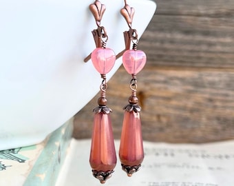 Dusty Rose Pink Czech Glass Valentines earrings, Copper Long drop earrings, Bohemian style Jewelry, Gift for her