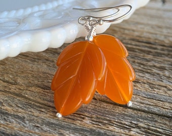 Carnelian Orange Fall Leaf earrings, Leaves jewelry, Sterling silver drop earrings, Vintage Lucite jewelry, Autumn Jewelry, gift idea