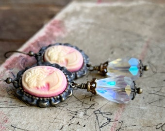 Pink Lady Vintage style Cameo earrings, brass and crystal earrings, Victorian style earrings, antique style earrings, Gift idea for her