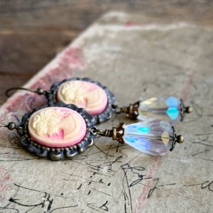 Pink Lady Vintage style Cameo earrings, brass and crystal earrings, Victorian style earrings, antique style earrings, Gift idea for her