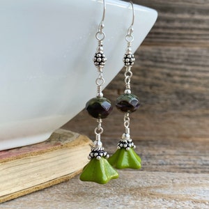 Green Purple Floral Sterling silver Czech glass earrings, Dangle and Drop Boho Earrings, gift for her