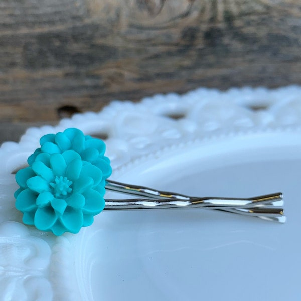 Teal flower bobby pins, floral hair accessories, chrysanthemum mum hair pins, Aqua bobby pins, bridesmaids gift, bohemian bobby pins