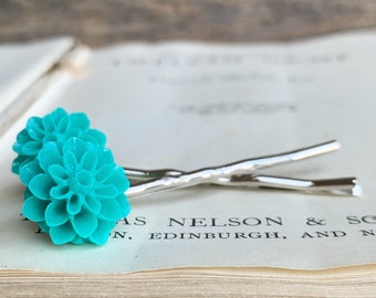 Teal blue flower bobby pins, Floral hairpins, Hair flowers, Vintage style Hair clips, Wedding Bridal accessories, Gift ideas for her