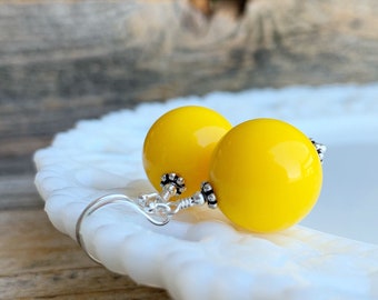 Bright Yellow Drop earrings, Vintage Lucite Sunny yellow earrings, Sterling silver Simple minimalist earrings, Summer jewelry, Gift for her