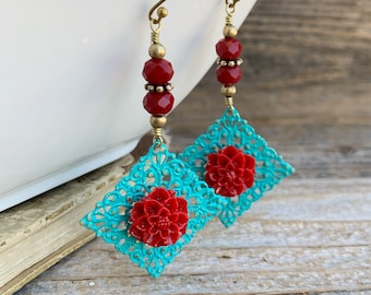 Turquoise blue and Red earrings, Bohemian hand painted brass filigree earrings, floral Southwestern jewelry, Gift for her