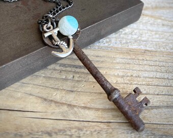 Genuine Antique Rusty Skeleton Key necklace, Rustic style Beachy Anchor necklace, Ocean style, Gift for her, Gift for Him