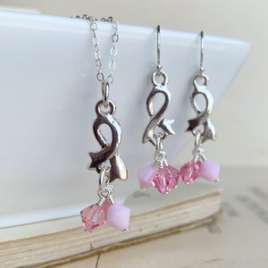 Breast Cancer Awareness Necklace and Earrings set, Pink ribbon Jewelry, pink Swarovski Crystal set, Hope Survivor Memorial Gift for her