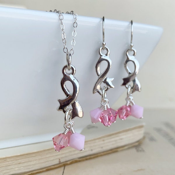 Breast Cancer Awareness Necklace and Earrings set, Pink ribbon Jewelry, pink Swarovski Crystal set, Hope Survivor Memorial Gift for her