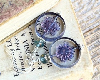 Purple Czech Glass flower earrings, Sterling silver Drop earrings, Gift for her