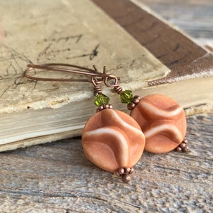 Orange Fall earrings, Autumn earrings, Rustic earrings, lucite Jewelry, copper drop earrings, Burnt orange olive green, gift idea for her image 4