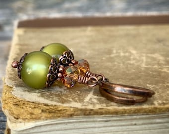 Olive green moonglow earrings, Autumn earrings, Fall earrings, copper earrings, Swarovski Crystal Earrings, acorn lantern Earrings, Vintage