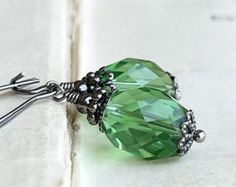 Green Crystal Drop earrings, Handmade Gunmetal dangle earrings, Festive Christmas jewelry, Gift for her