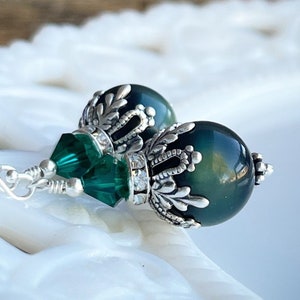 Emerald Green earrings, Vintage style, Moonglow earrings, Victorian style, Festive holiday Gift for her, forest green