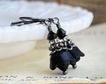 Black Bell Flower Earrings, Gunmetal Gothic Swarovski Crystals
