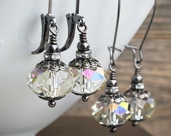 Crystal Drop earrings in Gunmetal, Swarovski crystal earrings, pale Rainbow sage green, Gift for her