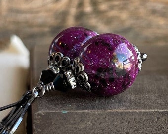 Purple Galaxy earrings, Vintage lucite glitter drop earrings, purple and black jewelry, Gift for her