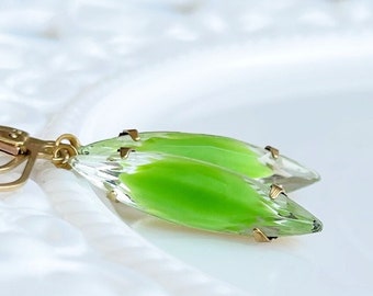 Lime Green Vintage Givré glass jewel earrings, Long Marquise Rhinestone drop earrings, estate style, gift for her