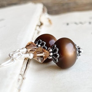 Brown Vintage Moonglow Lucite earrings, Sterling antiqued silver drop earrings, Autumn Fall jewelry, Gift for her