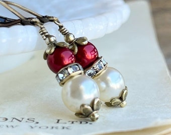 Vintage Style Christmas pearl earrings, Handmade Red and white Glass pearl earrings in brass, Gift idea for her