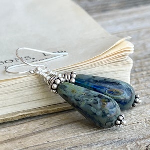 Rustic Blue earrings, Handmade Czech glass Dangle drop earrings, earthy earrings, sterling silver earrings, gift for women