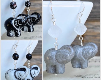 Elephant Earrings in sterling silver, Czech glass dangle earrings, Gift Idea for her