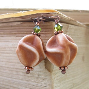 Orange Fall earrings, Autumn earrings, Rustic earrings, lucite Jewelry, copper drop earrings, Burnt orange olive green, gift idea for her image 7