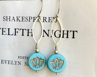 Aqua blue Marquise lotus earrings, Brass Czech glass Boho earrings, bohemian style jewelry, gift for her