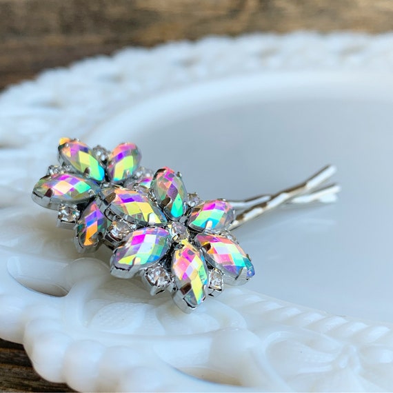 Rainbow Rhinestone Flower Bobby Pins, Bridal Hair  display picture 2
