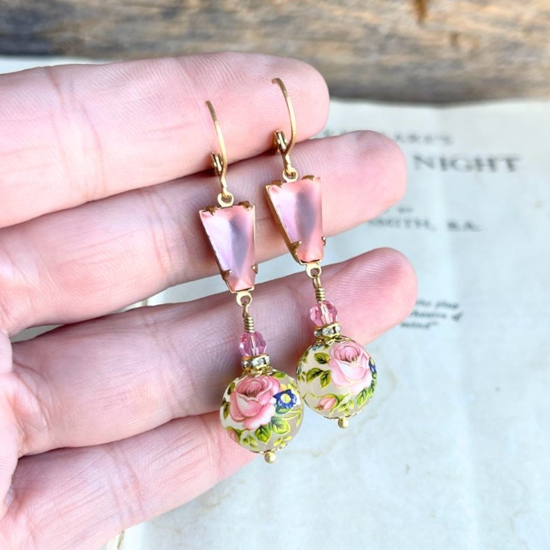 Pink Rose Garden Earrings Vintage Glass and Japanese Tensha Etsy