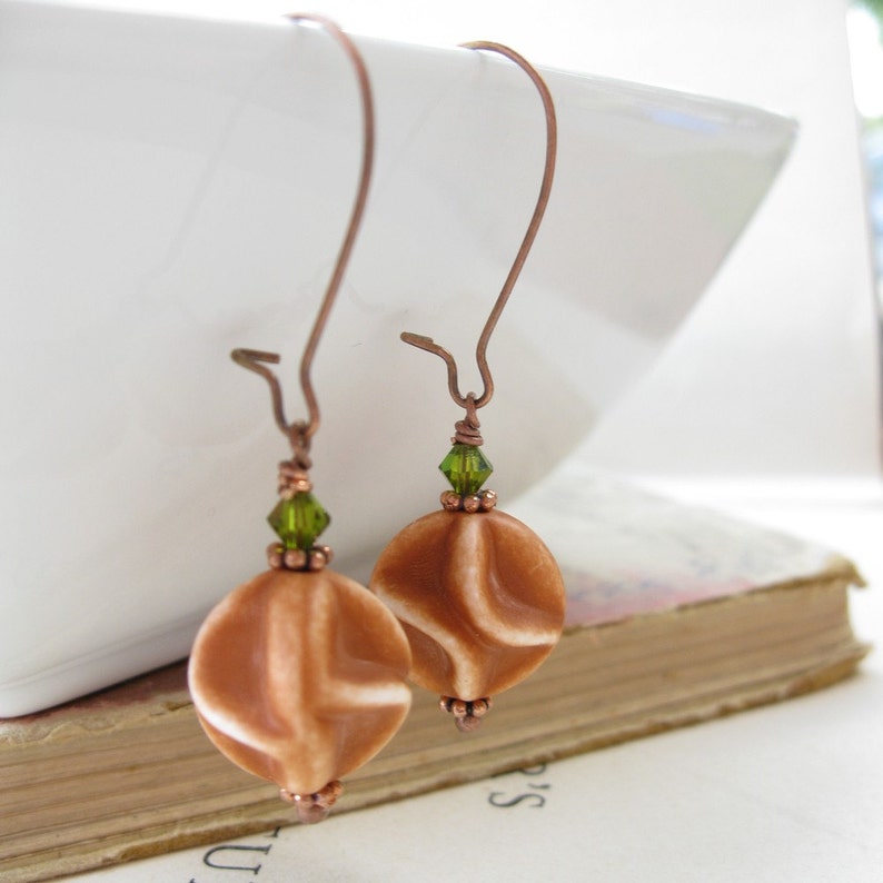 Orange Fall earrings, Autumn earrings, Rustic earrings, lucite Jewelry, copper drop earrings, Burnt orange olive green, gift idea for her image 9
