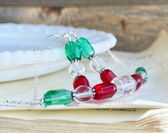 Vintage Red, White and Green Christmas Czech glass necklace and earrings set, Festive Holiday Jewelry in Sterling Silver, Gift for her