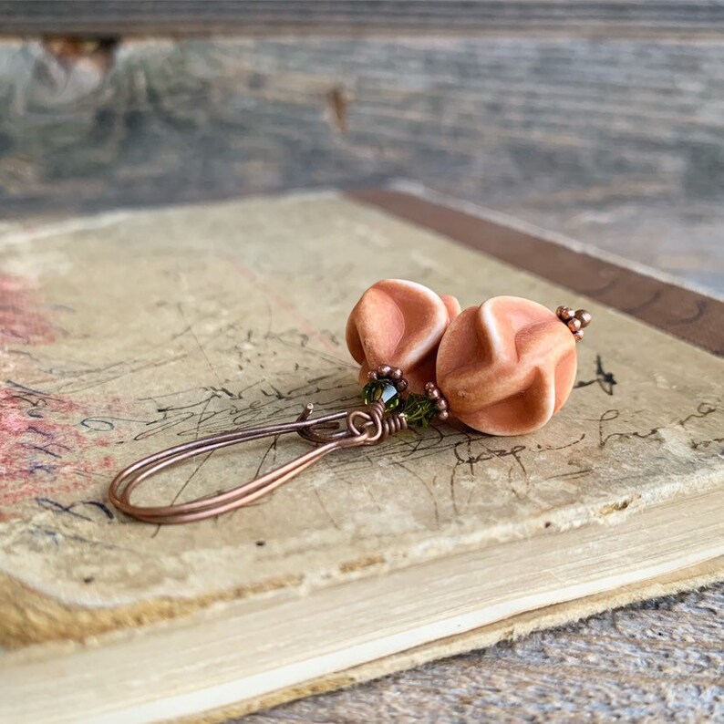 Orange Fall earrings, Autumn earrings, Rustic earrings, lucite Jewelry, copper drop earrings, Burnt orange olive green, gift idea for her image 5