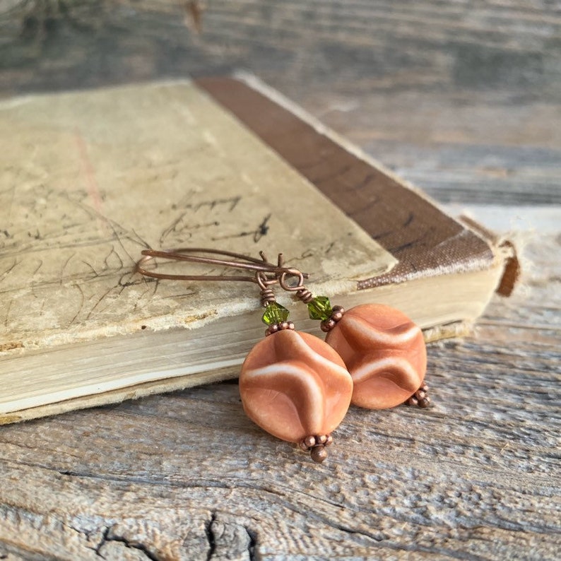 Orange Fall earrings, Autumn earrings, Rustic earrings, lucite Jewelry, copper drop earrings, Burnt orange olive green, gift idea for her image 4