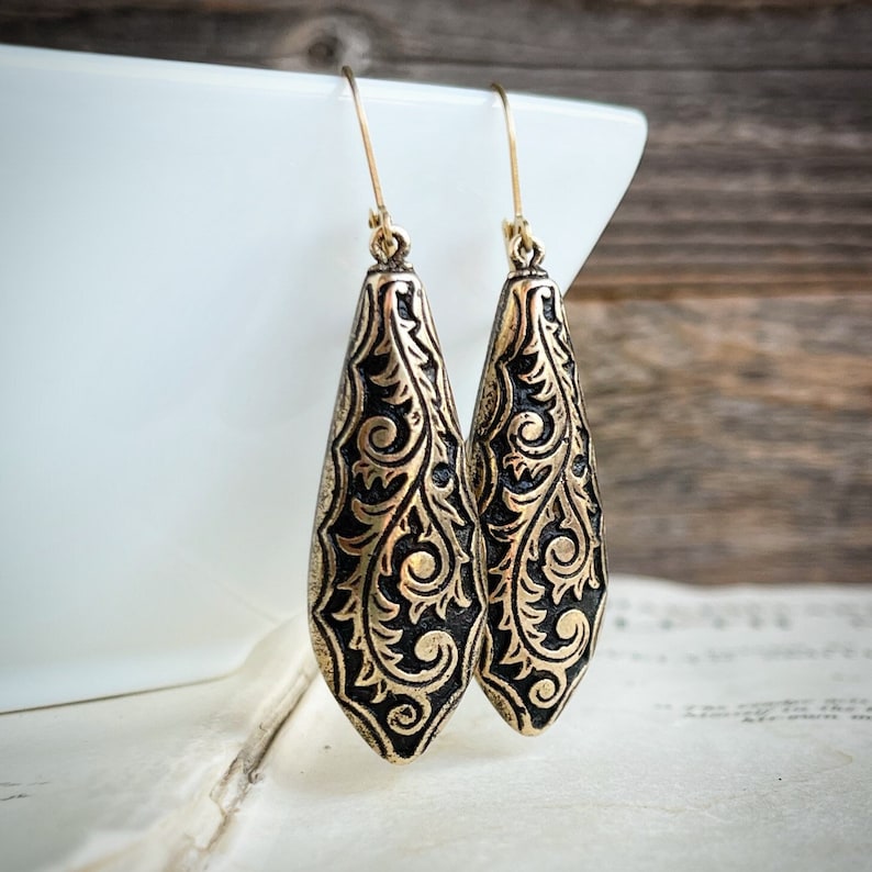 Gold Victorian Style Teardrop earrings, Vintage Style Gold Chunky earrings, Filigree etched earrings, Long drop earrings, Gold and black image 1