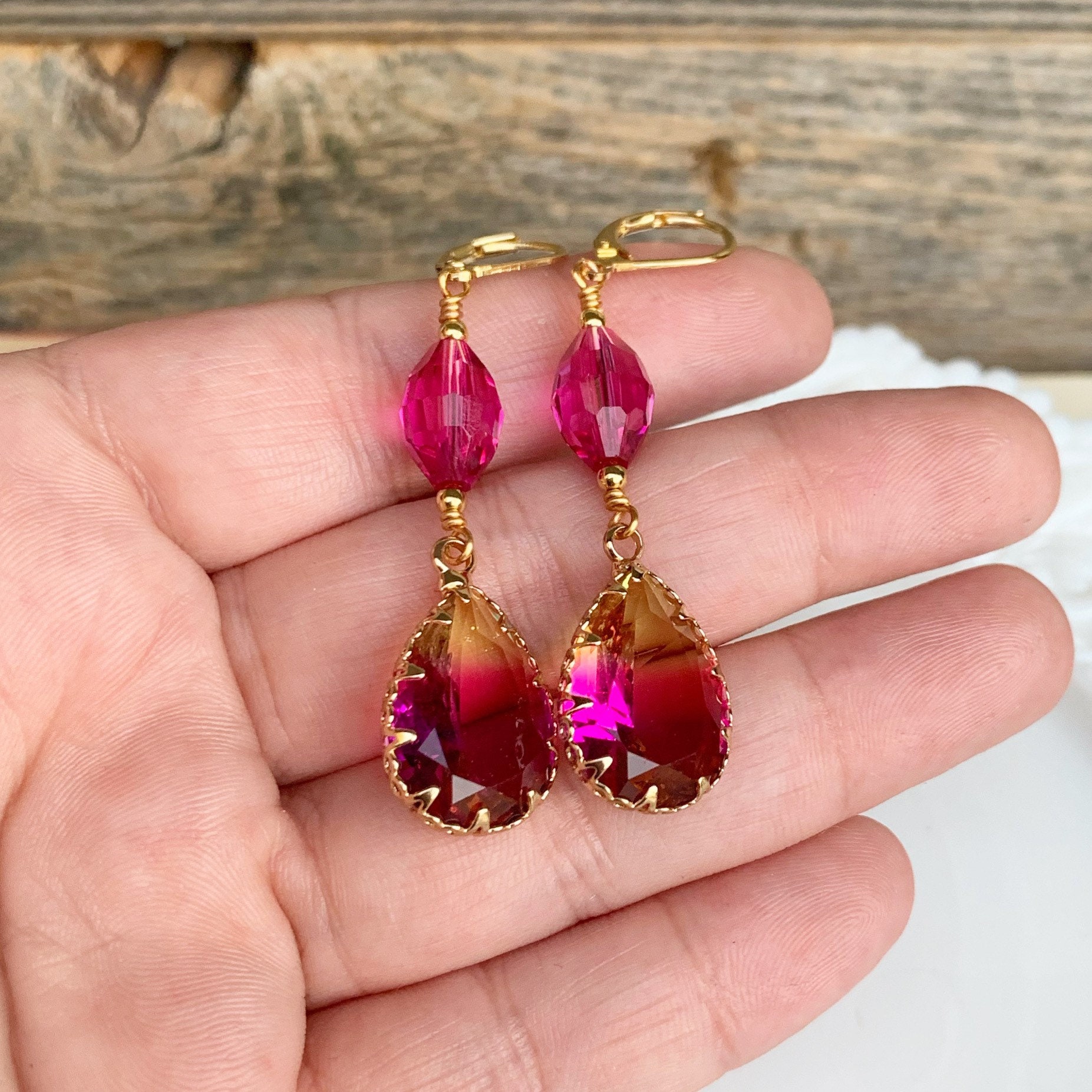 Pink and yellow Ombre earrings Bezel set framed earrings | Etsy