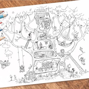 FAIRY TREEHOUSE Colouring Sheet, Fairies, Kids Craft, Printable, Holiday Activity, Colour In Page, Hand Illustrated, Doll House Coloring