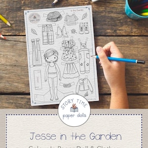 Op de afbeelding: Een printbare papieren poppenset met een meisje genaamd Jesse. De set bevat een pop en verschillende kledingstukken, waaronder een jurk, een overall, een shirt en een hoed. De set heeft de titel "Jesse in de tuin" en is bedoeld om in te kleuren.