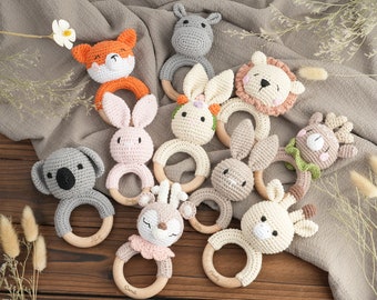 Personalized Animal Crochet Rattle, Baby Shower Gifts , Wooden Rattle Ring with Engraved Baby Name, Newborn Gift, Gift for Nephew Niece