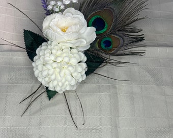 Peacock and white flower pearl wristband corsage