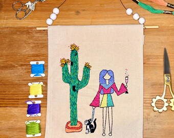 Geborduurde kunstmuurdecoratie, cactus en cocktails