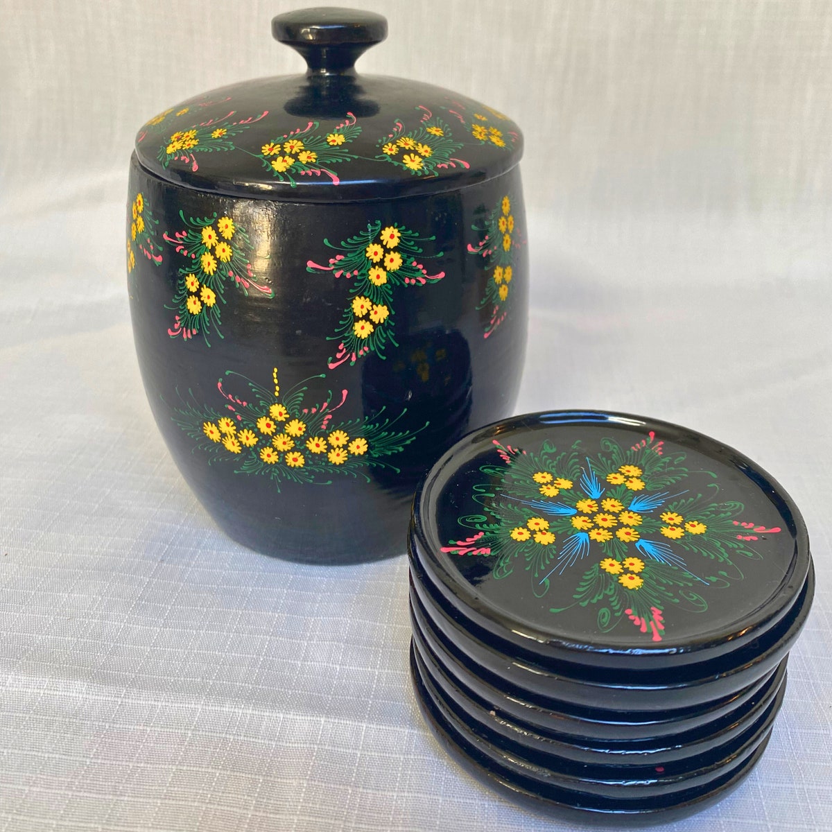 Vintage Thailand Lacquerware Coasters Set of 6, Matching Lidded Container, Hand Painted Botanical Floral Rare 1950s, Black, Vibrant Colors - Etsy
