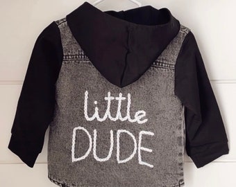 Personalized Kids Denim Shacket | Custom Embroidered | Hood Sweater Jacket | Spring Coat | Button Up | Customized Kids Clothing