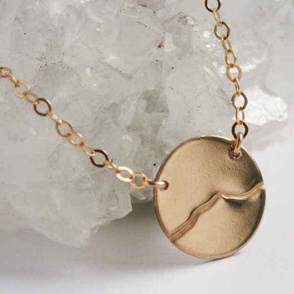 Camel's Hump Necklace, Vermont Necklace, Mountains Necklace, Gold Charm Necklace, Gold Disc Camel's Hump Pendant