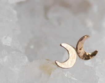 Crescent Moon Hammered Studs | Simple + Minimalist Sterling Silver or Gold Filled Moon Earrings For Astrology Lovers