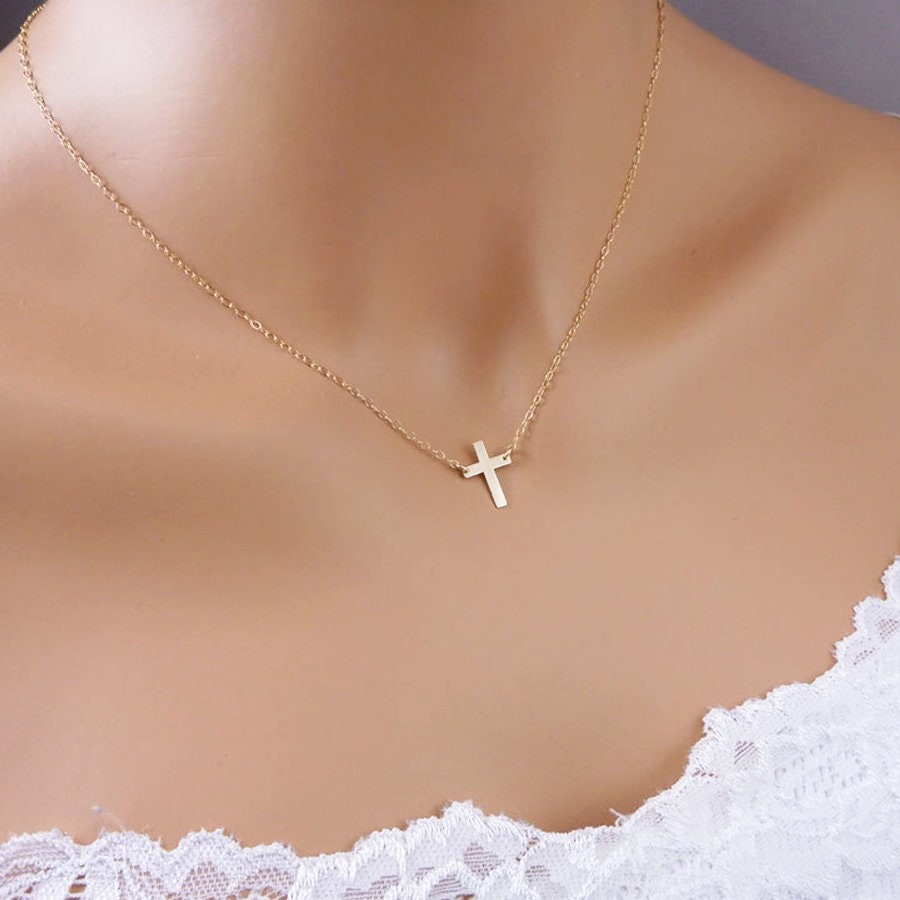 Tiny Gold Cross Necklace 14k Gold 
