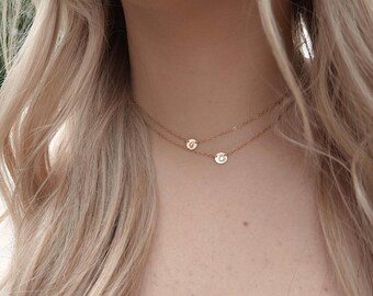 Double Layered Initial Necklace, Personalized Necklace - Two Charms Discs Necklace - 14k gold filled Initial Necklace