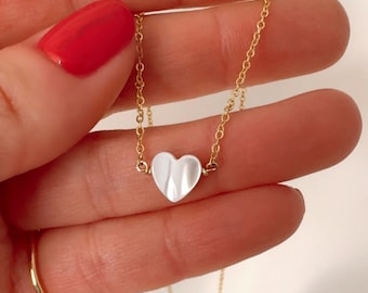 Mother Of Pearl Heart Necklace, Gold Filled Dainty Chain, Sterling Silver