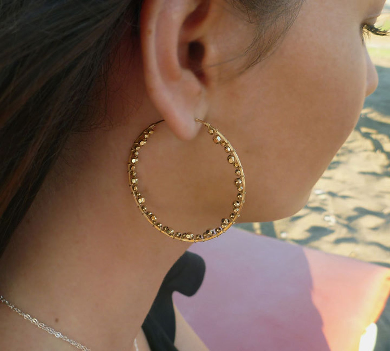 Gold Beaded Hoops Large Gold Hoops 14k Gold Filled Hoops Etsy